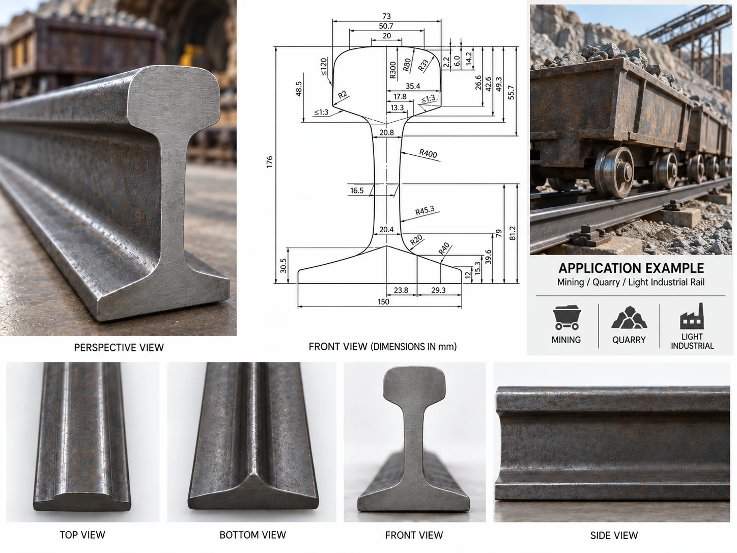 60kg/m product sheet — perspective, dimensions and views