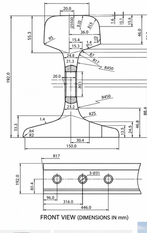 75kg/m front view with dimensions